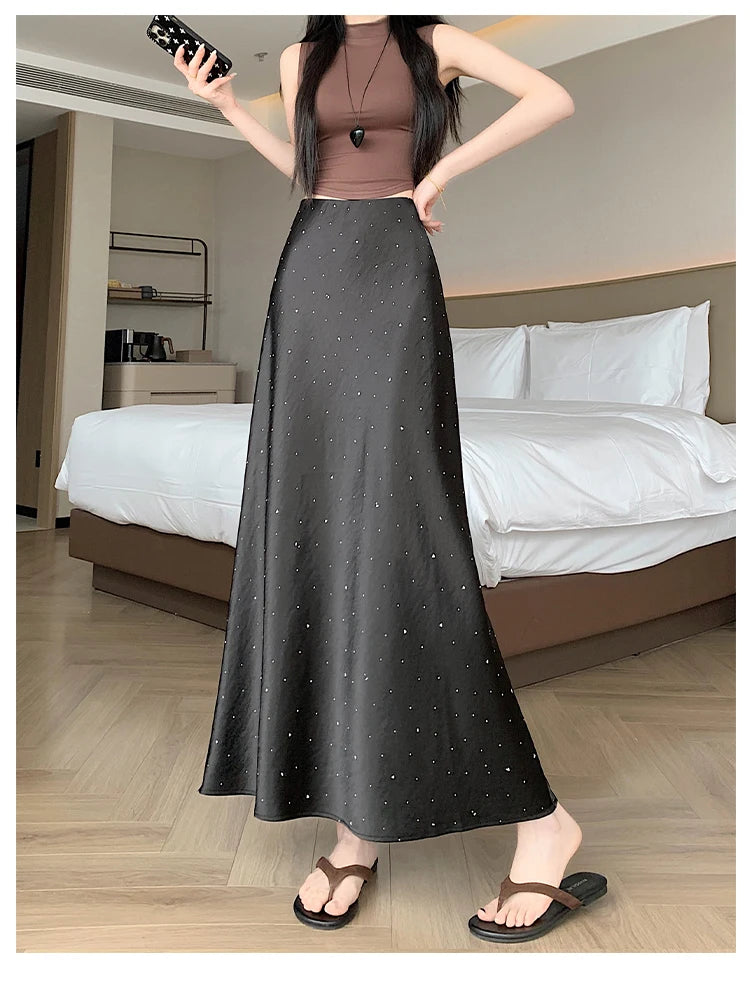 High Waist Elegant Bling Bling Satin Women's Mermaid Long Skirts 2026 New Summer Solid French Style Fishtail Wrap Skirt Female