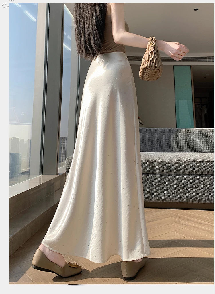 High Waist Elegant Bling Bling Satin Women's Mermaid Long Skirts 2026 New Summer Solid French Style Fishtail Wrap Skirt Female