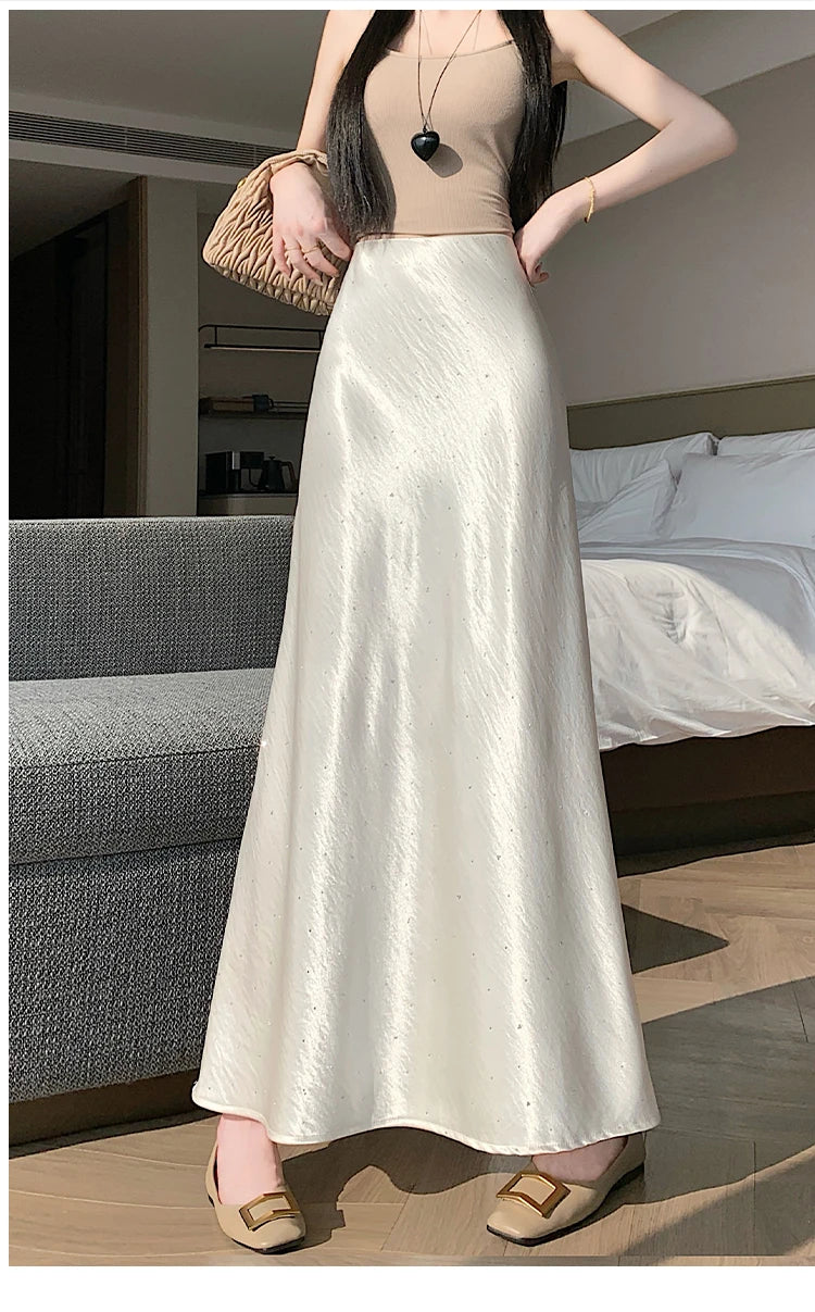High Waist Elegant Bling Bling Satin Women's Mermaid Long Skirts 2026 New Summer Solid French Style Fishtail Wrap Skirt Female