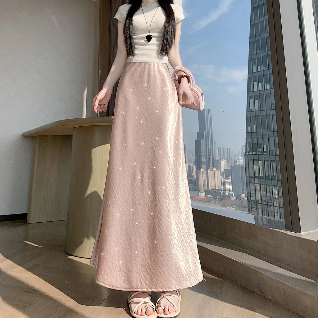 High Waist Elegant Bling Bling Satin Women's Mermaid Long Skirts 2026 New Summer Solid French Style Fishtail Wrap Skirt Female