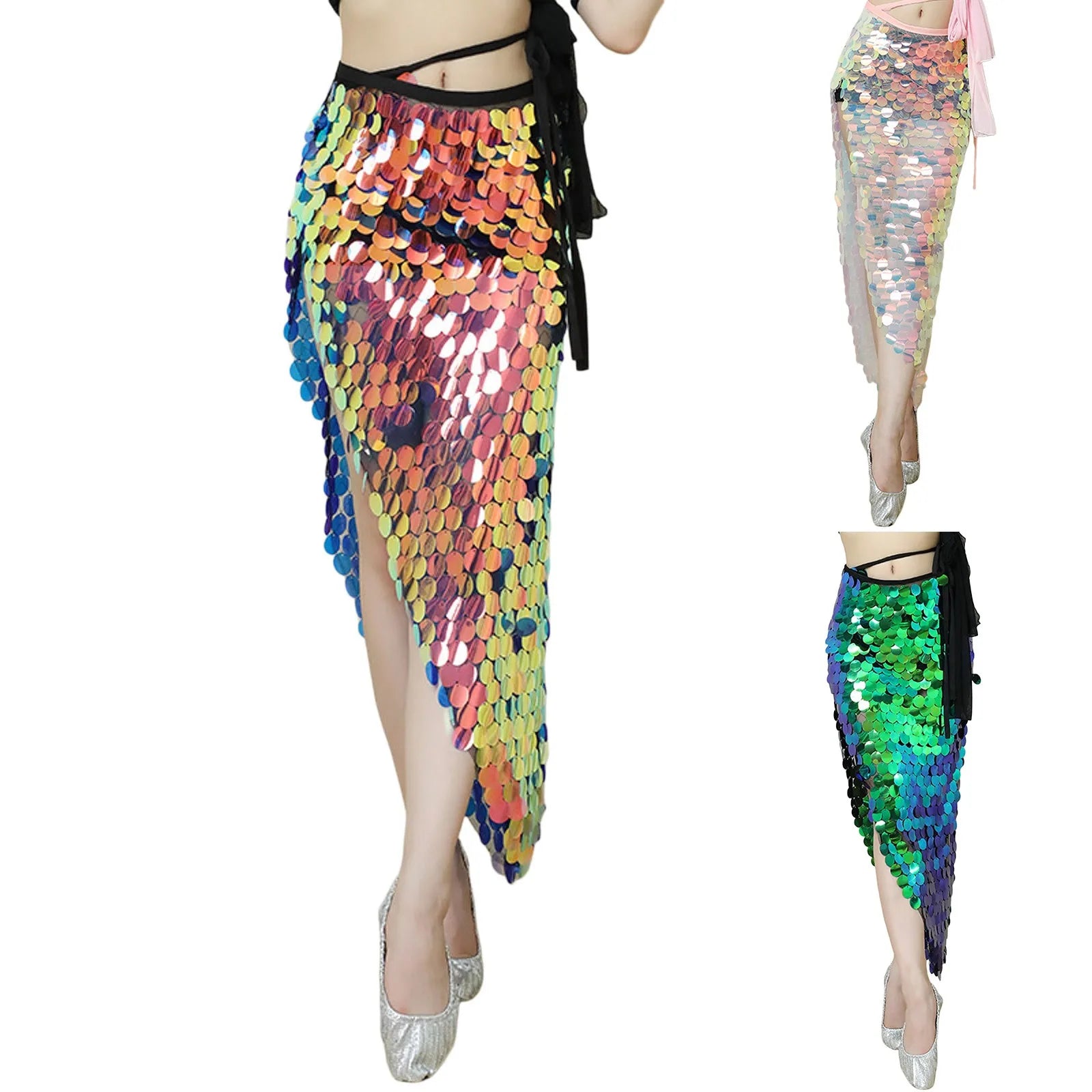 Womens Belly Dance Sequins Skirt Sexy Elegant Lace-Up Mermaid Hip Wrap Sparkly Skirt Carnival Party Stage Performance Costumes