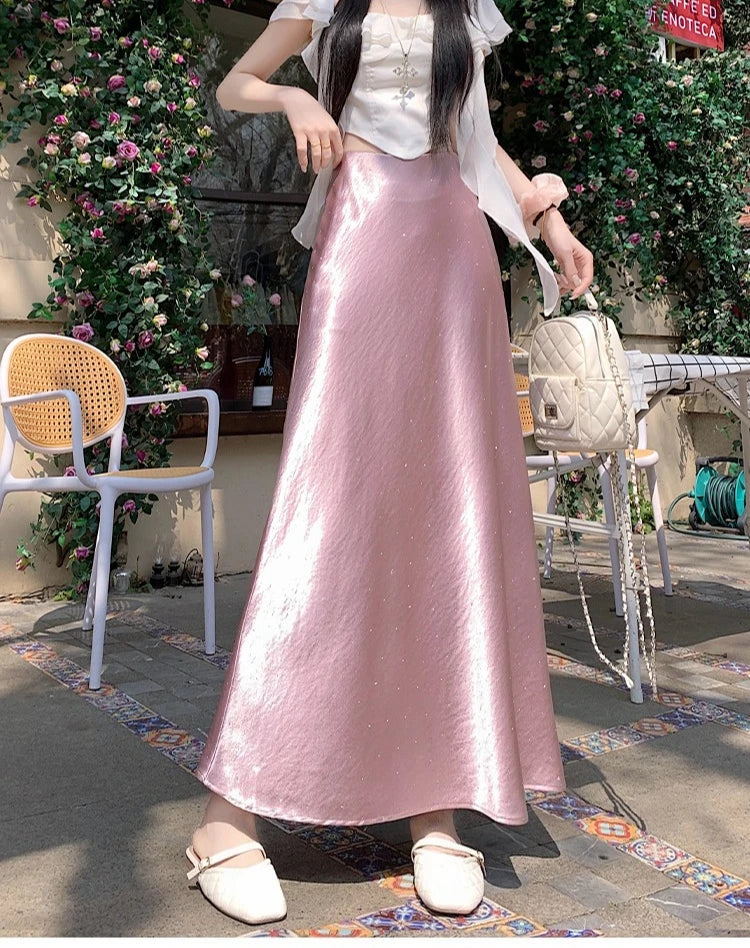 High Waist Elegant Bling Bling Satin Women's Mermaid Long Skirts 2026 New Summer Solid French Style Fishtail Wrap Skirt Female