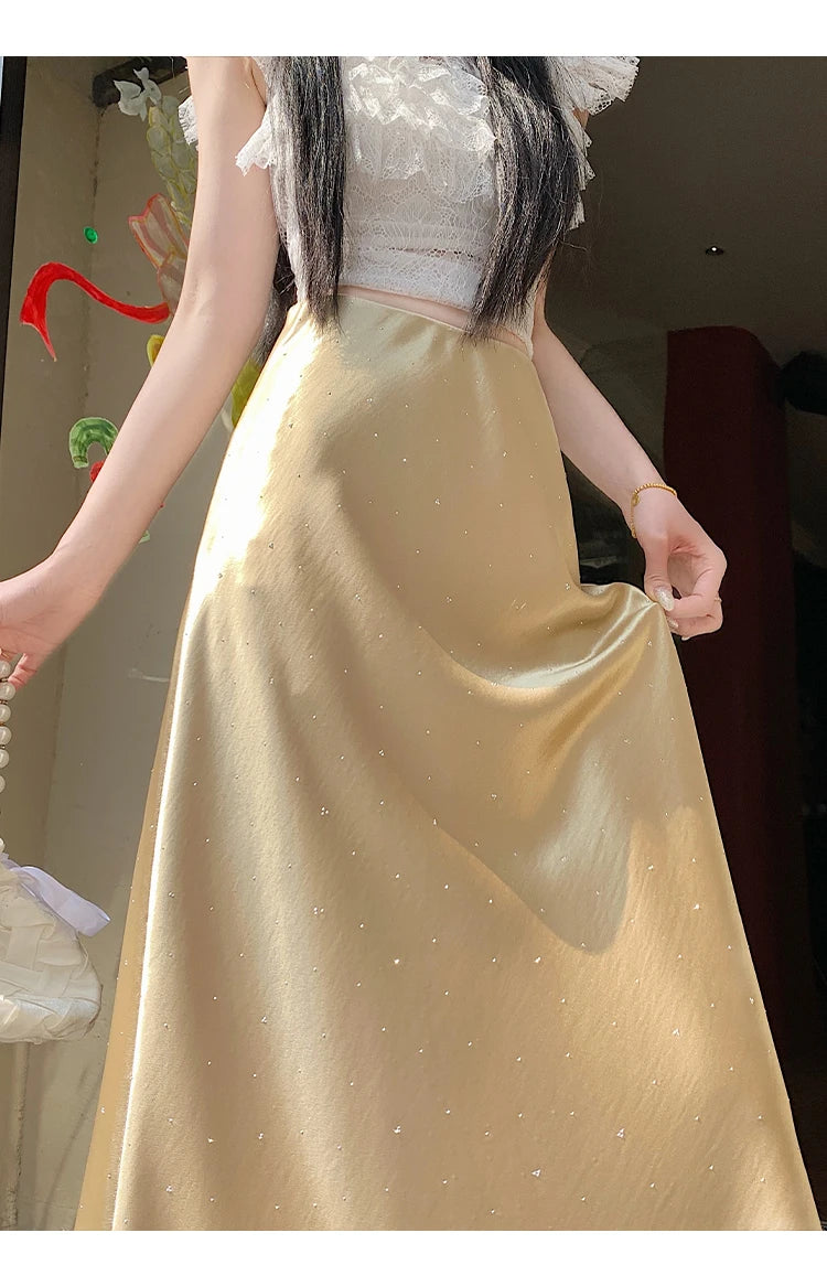 High Waist Elegant Bling Bling Satin Women's Mermaid Long Skirts 2026 New Summer Solid French Style Fishtail Wrap Skirt Female