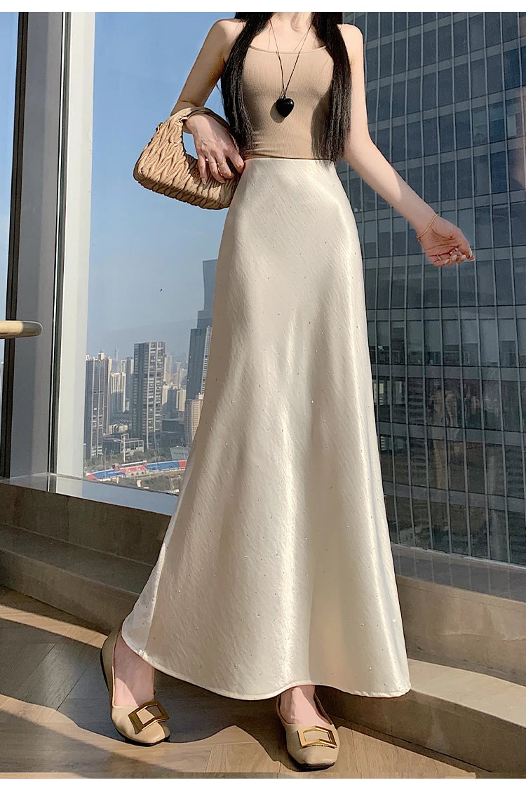 High Waist Elegant Bling Bling Satin Women's Mermaid Long Skirts 2026 New Summer Solid French Style Fishtail Wrap Skirt Female