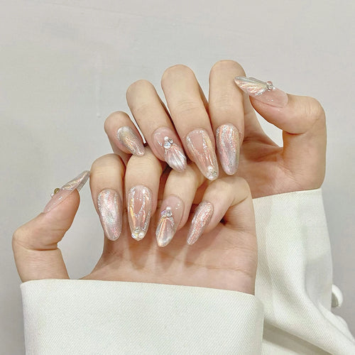 10pcs Handmade Mermaid False Nails 3D Summer Ocean Pearl Diamond Designs Press On Nails Aurora Blue Pink Almond Fake Nail Tips
