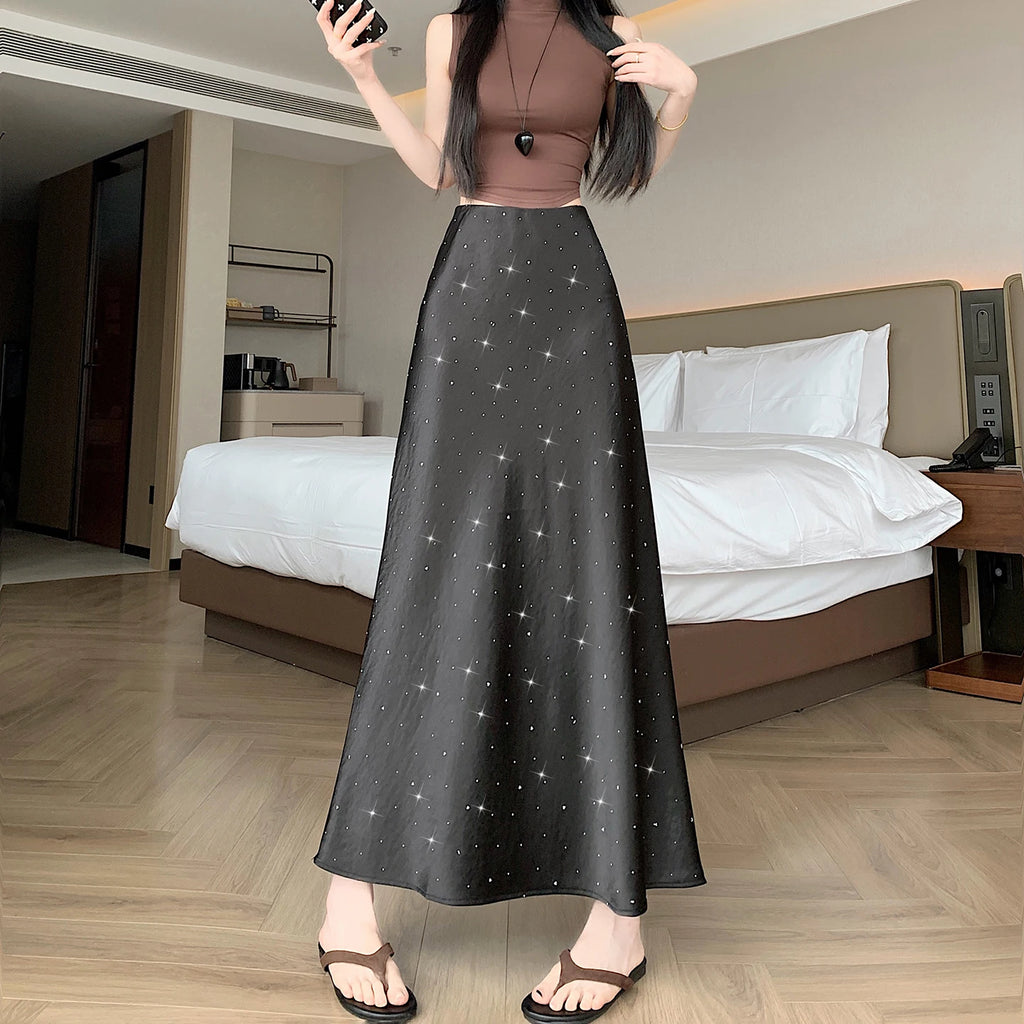 High Waist Elegant Bling Bling Satin Women's Mermaid Long Skirts 2026 New Summer Solid French Style Fishtail Wrap Skirt Female