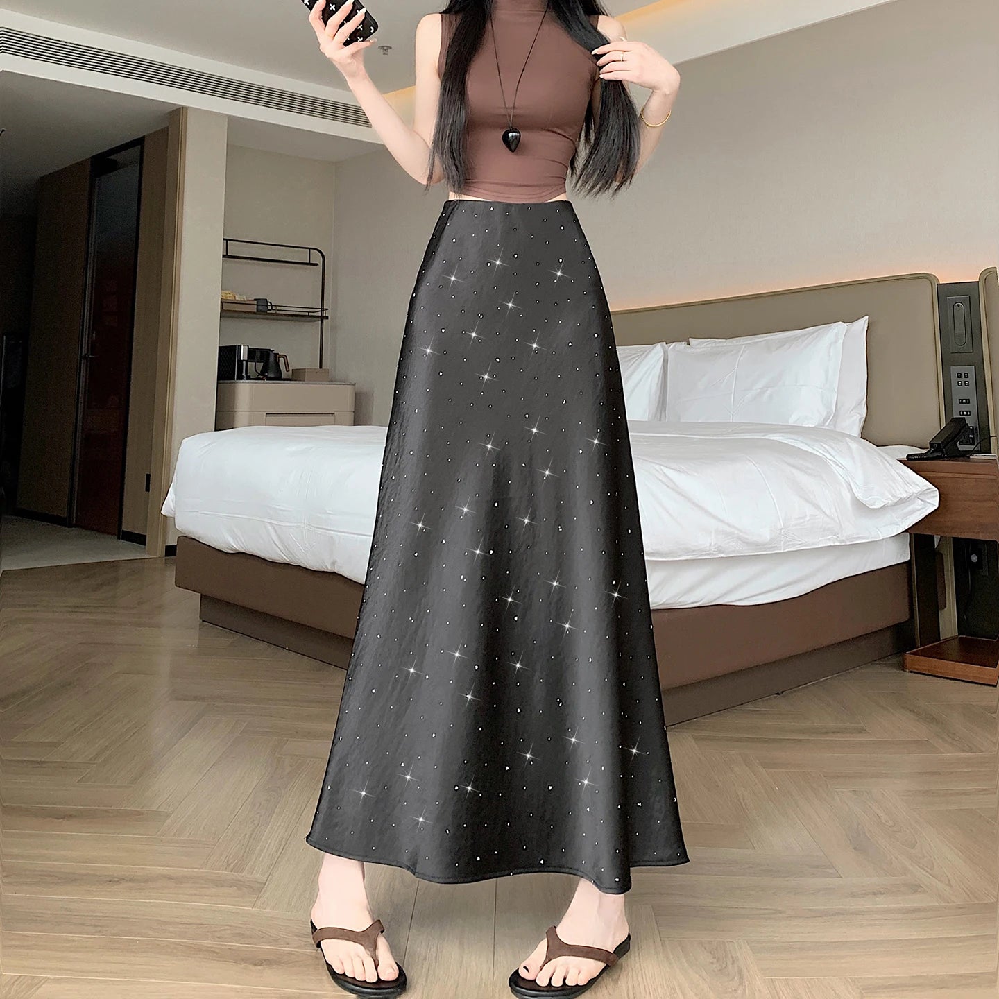 High Waist Elegant Bling Bling Satin Women's Mermaid Long Skirts 2026 New Summer Solid French Style Fishtail Wrap Skirt Female