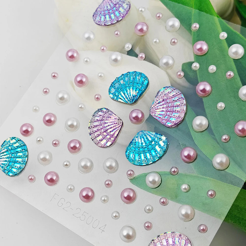1pcs Seashell Rhinestones Mermaid Face Gems Moon/Star Pearl Beads Self-Adhesive Face Stickers Party Carnival Makeup Accessories