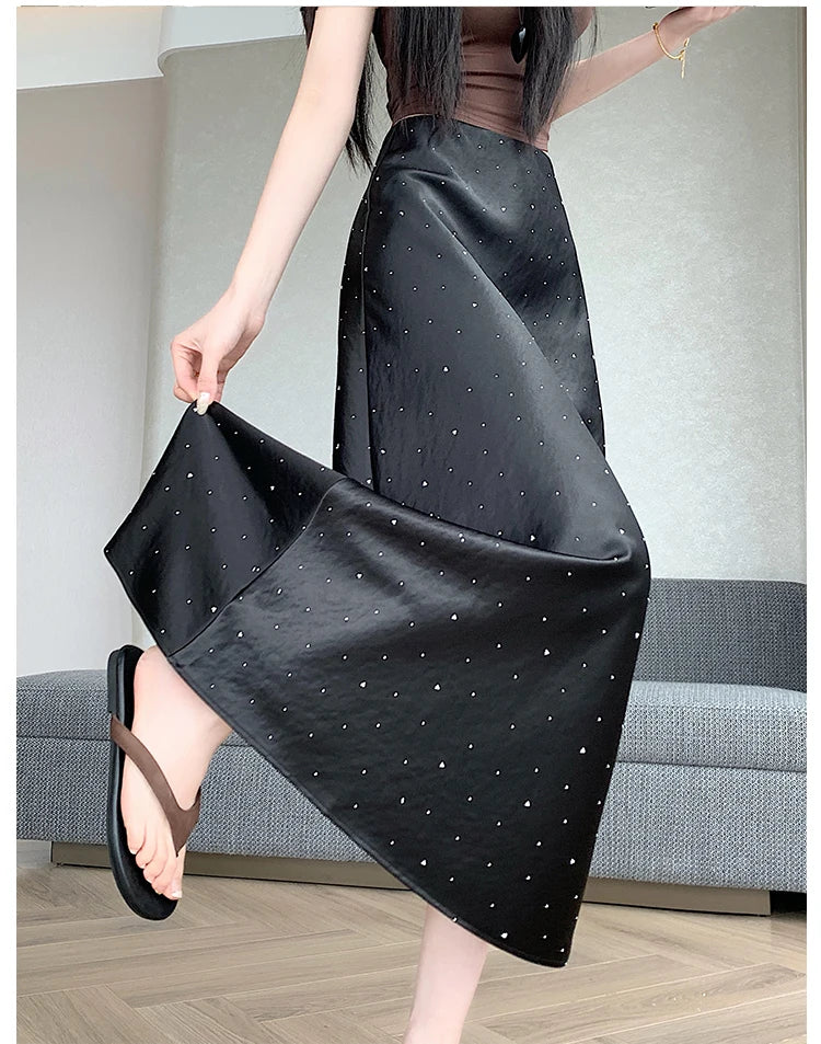 High Waist Elegant Bling Bling Satin Women's Mermaid Long Skirts 2026 New Summer Solid French Style Fishtail Wrap Skirt Female