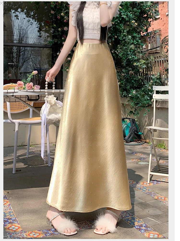 High Waist Elegant Bling Bling Satin Women's Mermaid Long Skirts 2026 New Summer Solid French Style Fishtail Wrap Skirt Female