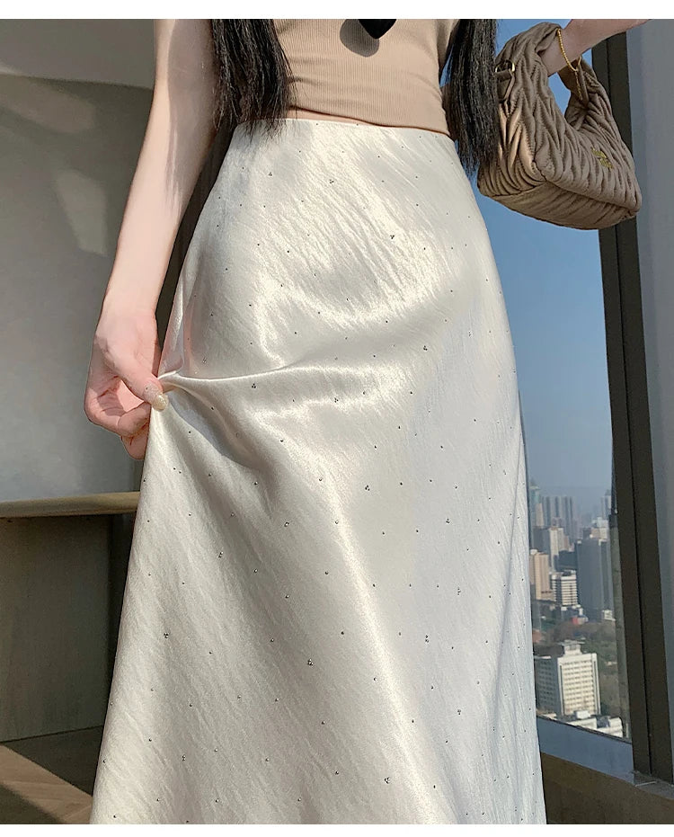 High Waist Elegant Bling Bling Satin Women's Mermaid Long Skirts 2026 New Summer Solid French Style Fishtail Wrap Skirt Female