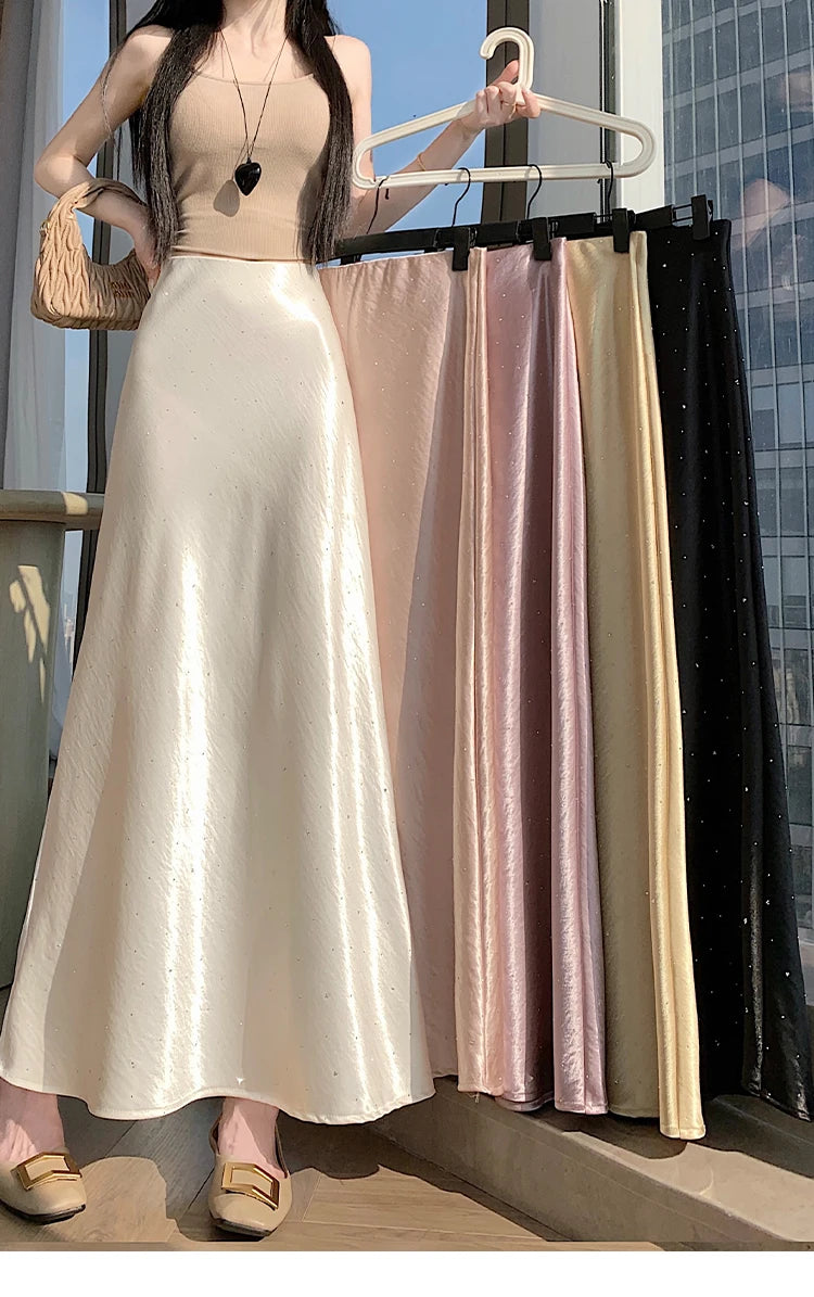 High Waist Elegant Bling Bling Satin Women's Mermaid Long Skirts 2026 New Summer Solid French Style Fishtail Wrap Skirt Female