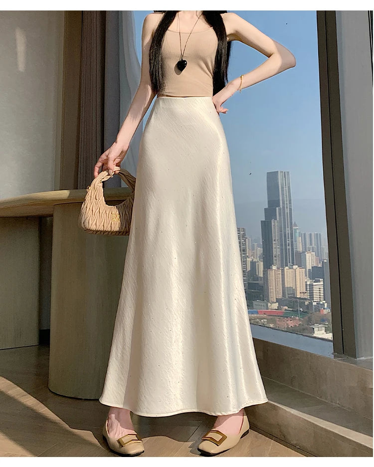 High Waist Elegant Bling Bling Satin Women's Mermaid Long Skirts 2026 New Summer Solid French Style Fishtail Wrap Skirt Female