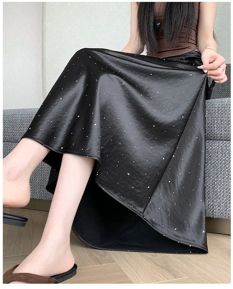 High Waist Elegant Bling Bling Satin Women's Mermaid Long Skirts 2026 New Summer Solid French Style Fishtail Wrap Skirt Female