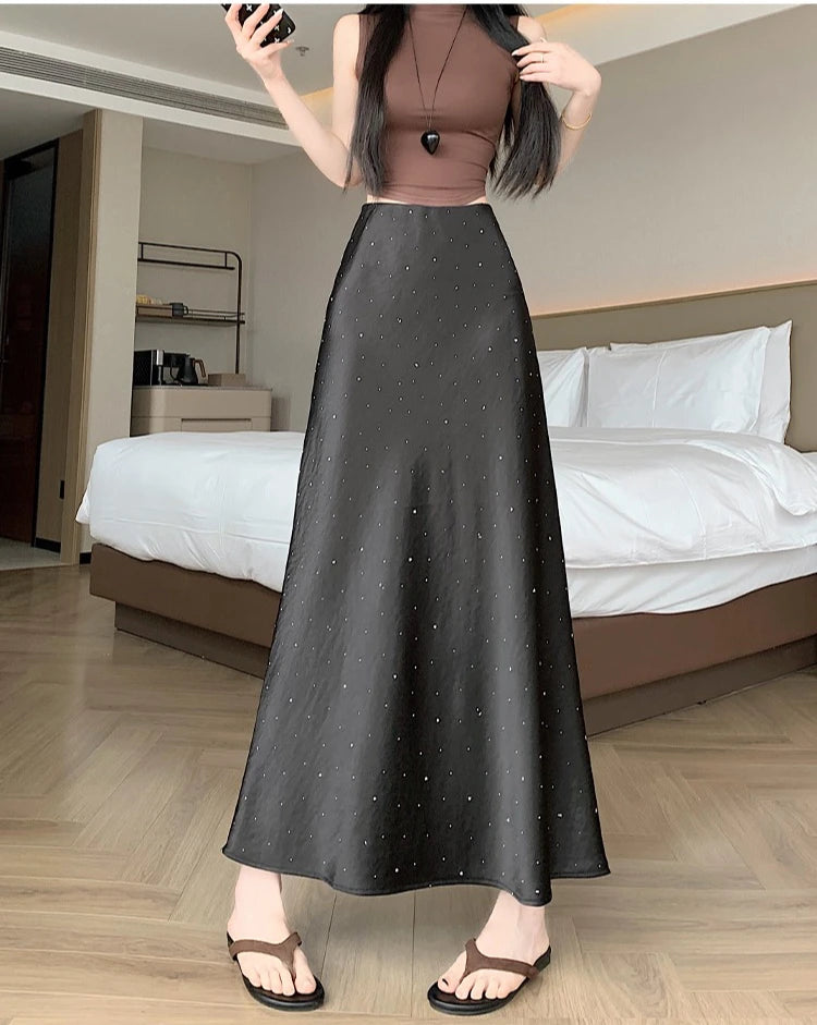 High Waist Elegant Bling Bling Satin Women's Mermaid Long Skirts 2026 New Summer Solid French Style Fishtail Wrap Skirt Female