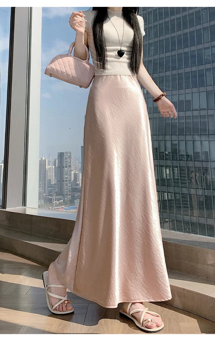 High Waist Elegant Bling Bling Satin Women's Mermaid Long Skirts 2026 New Summer Solid French Style Fishtail Wrap Skirt Female
