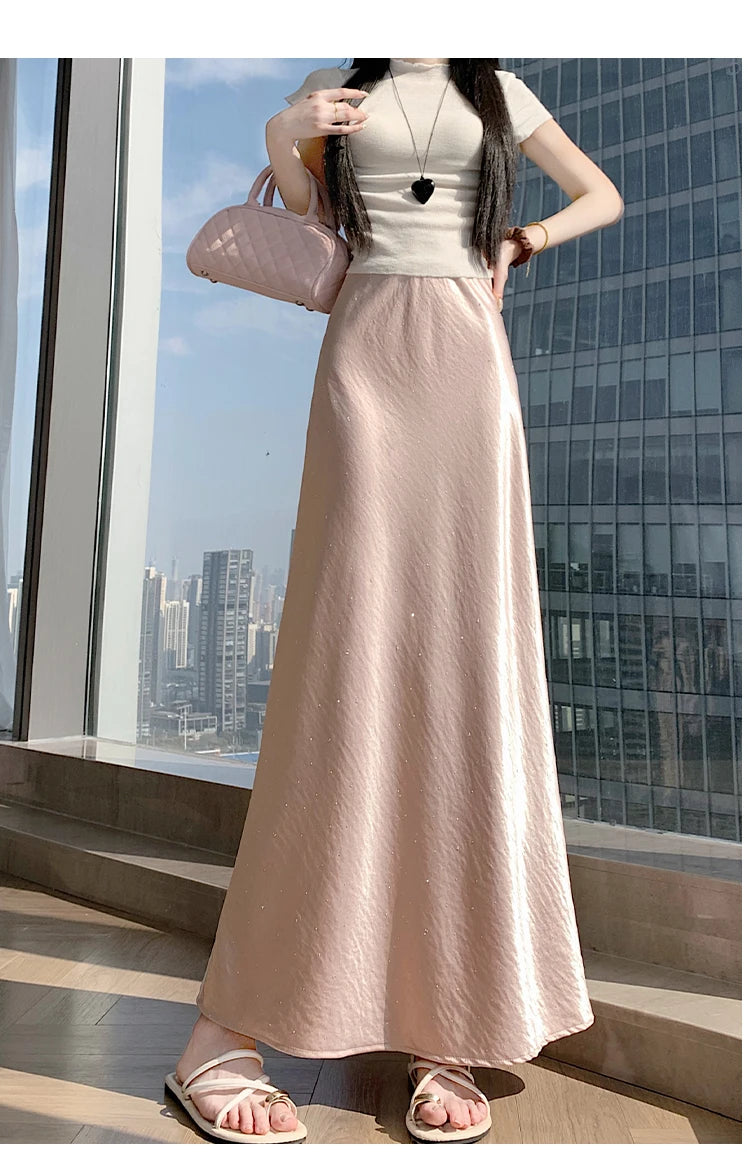High Waist Elegant Bling Bling Satin Women's Mermaid Long Skirts 2026 New Summer Solid French Style Fishtail Wrap Skirt Female