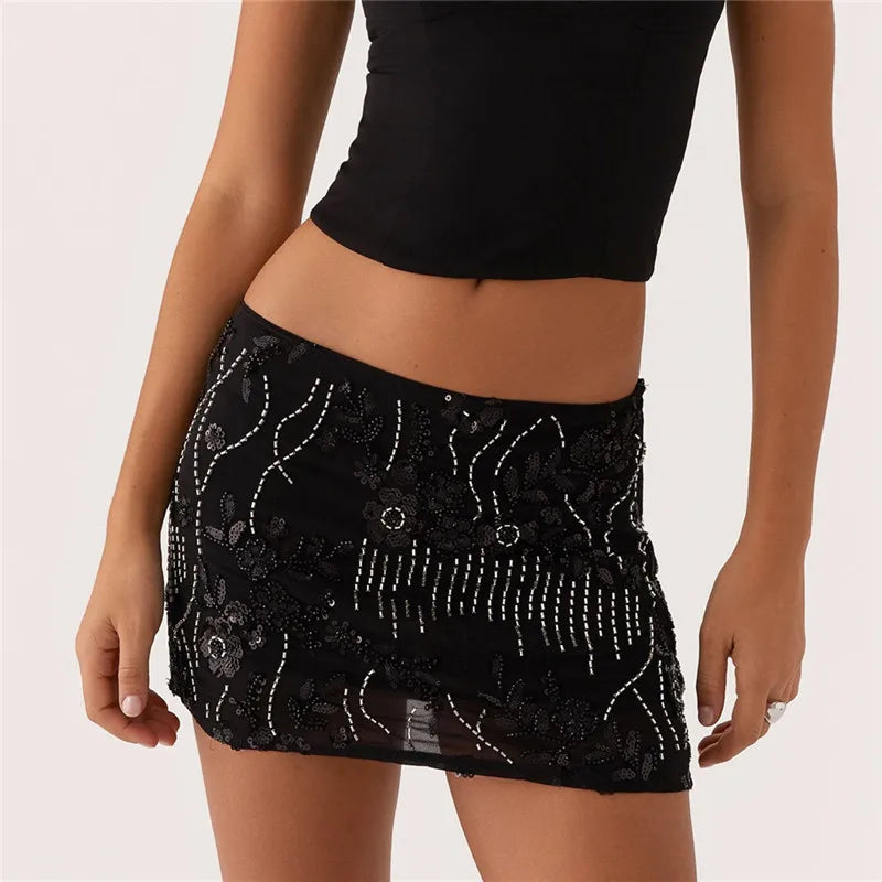 hirigin Women Y2K Sequin Mini Skirt Low Waist Sparkle Beaded Short Skirt Glitter Shiny Bodycon Skirt Night Out Party