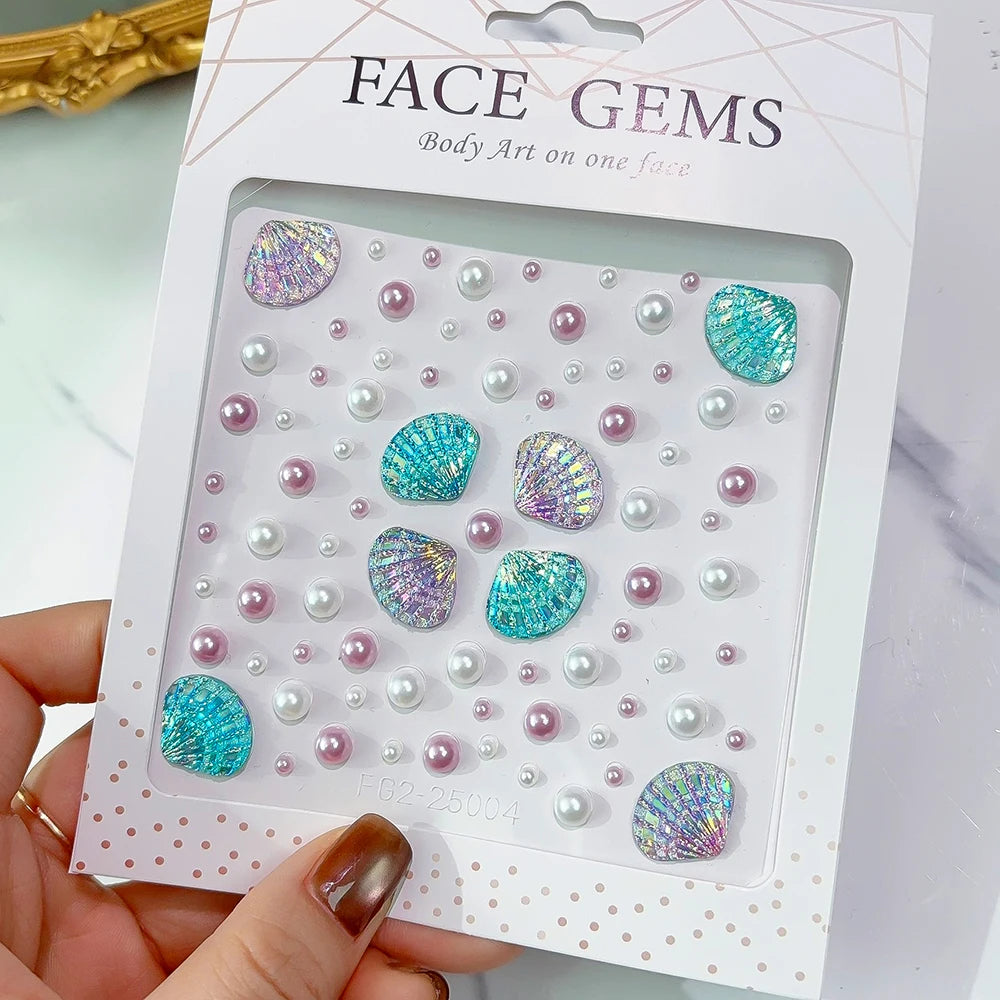 1pcs Seashell Rhinestones Mermaid Face Gems Moon/Star Pearl Beads Self-Adhesive Face Stickers Party Carnival Makeup Accessories