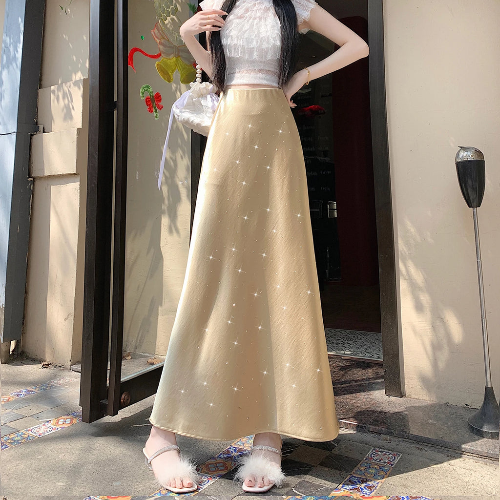 High Waist Elegant Bling Bling Satin Women's Mermaid Long Skirts 2026 New Summer Solid French Style Fishtail Wrap Skirt Female