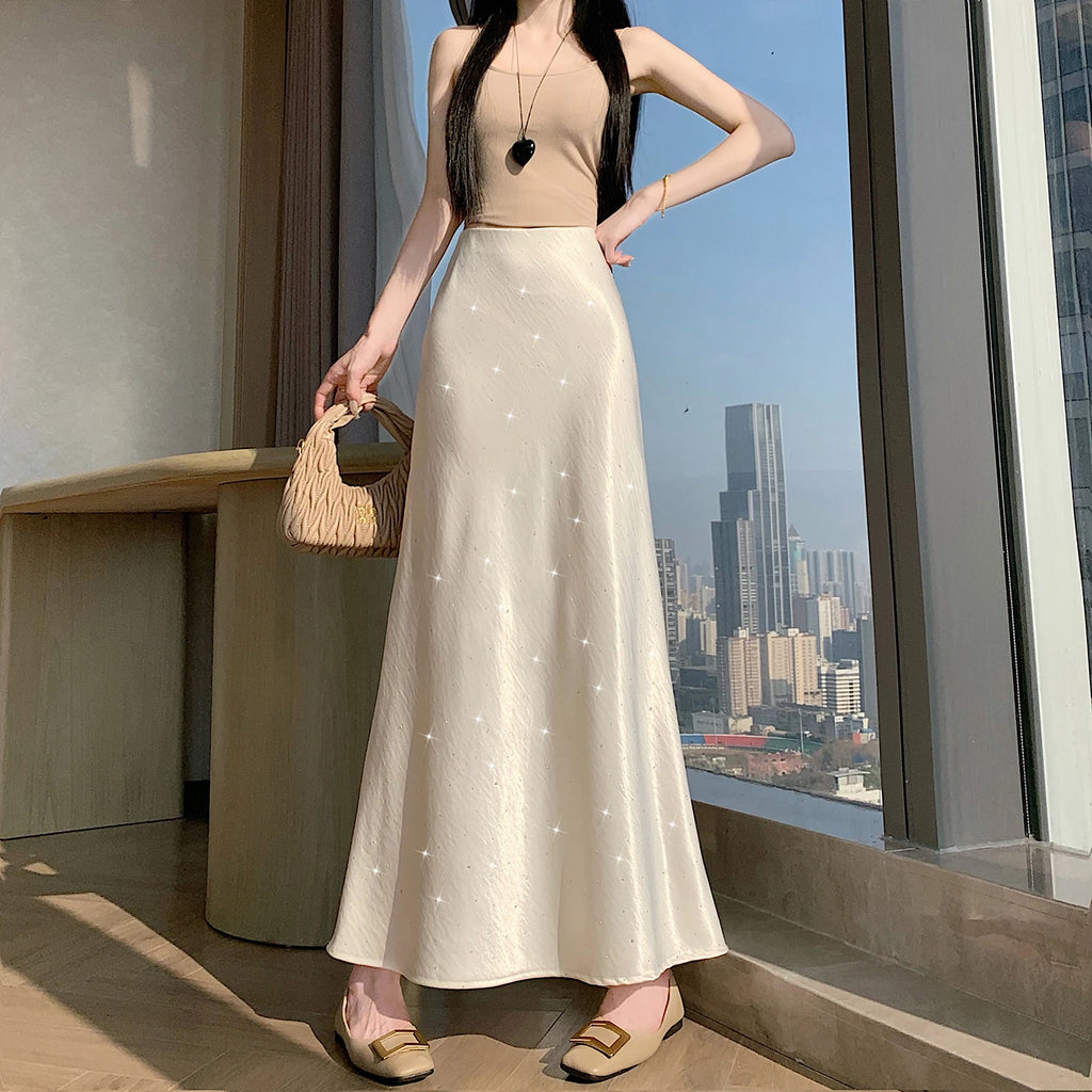 High Waist Elegant Bling Bling Satin Women's Mermaid Long Skirts 2026 New Summer Solid French Style Fishtail Wrap Skirt Female