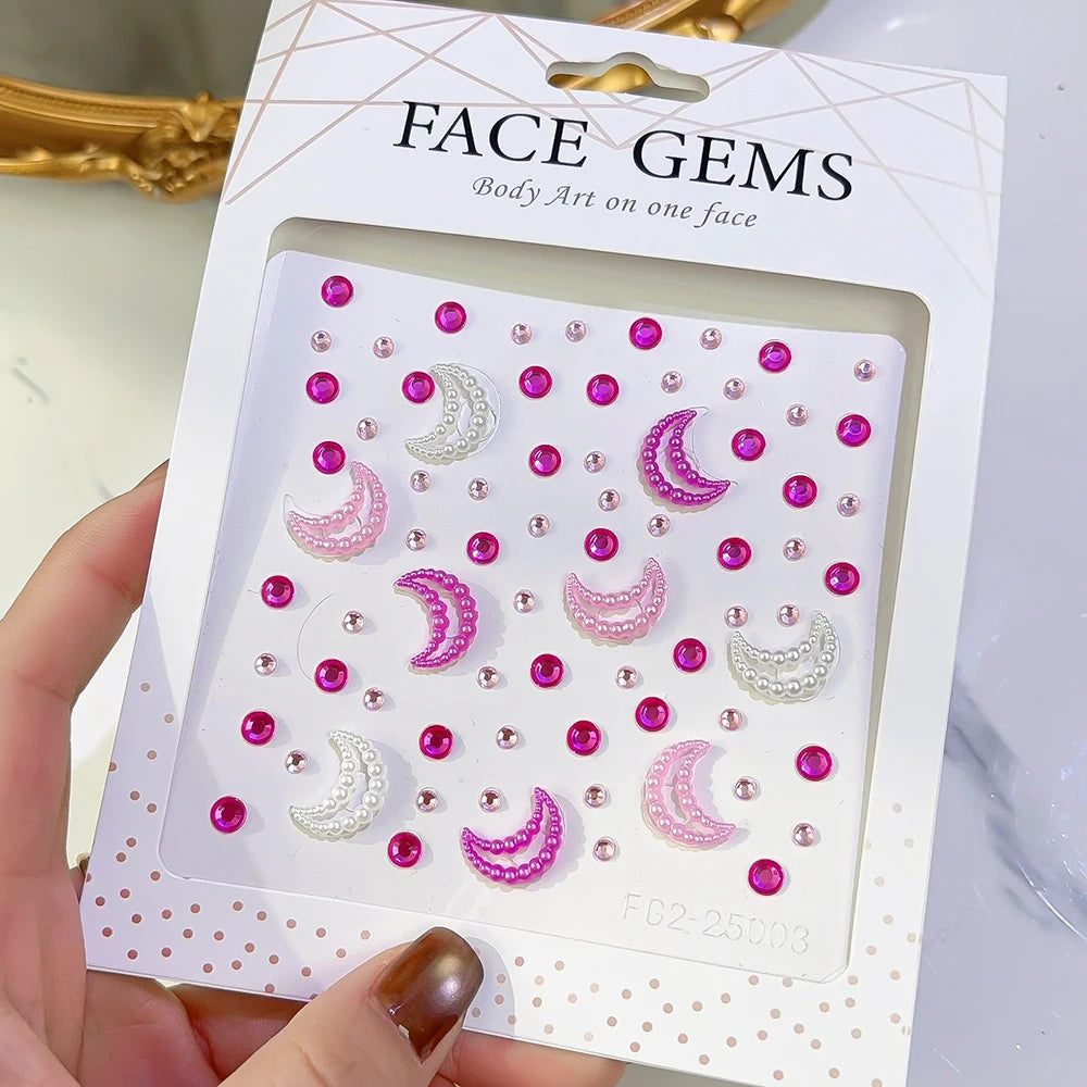 1pcs Seashell Rhinestones Mermaid Face Gems Moon/Star Pearl Beads Self-Adhesive Face Stickers Party Carnival Makeup Accessories
