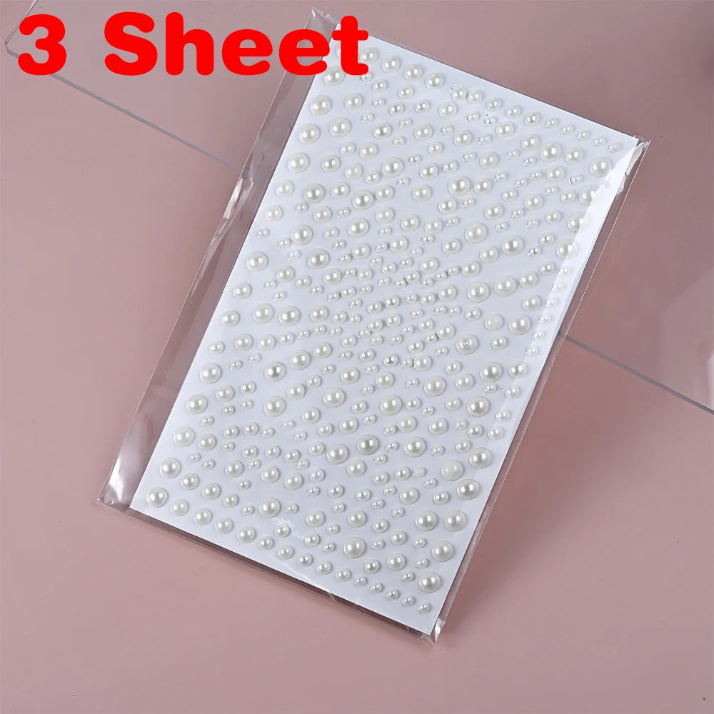 1/3/5 Sheet 3D White Pearl Eyes Face Tattoo Self Adhesive 3D Face Gem Jewels Eyeshadow Stickers Round Pearls Makeup Rhinestones