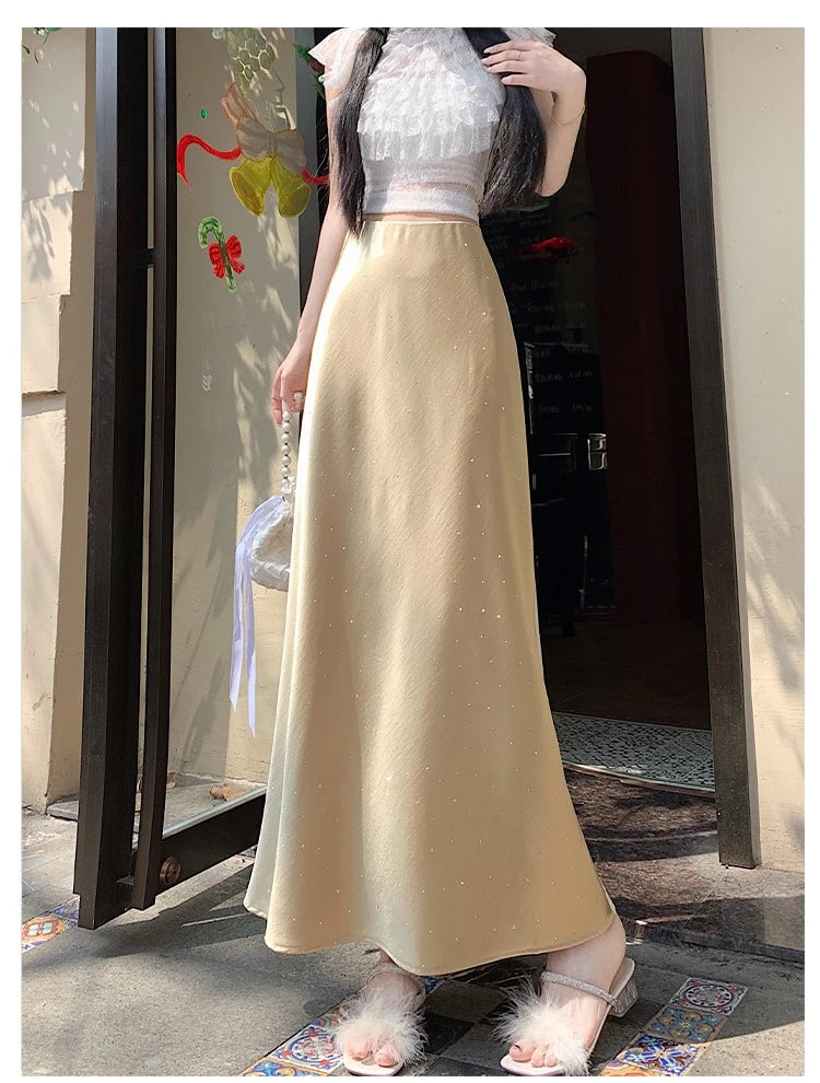 High Waist Elegant Bling Bling Satin Women's Mermaid Long Skirts 2026 New Summer Solid French Style Fishtail Wrap Skirt Female