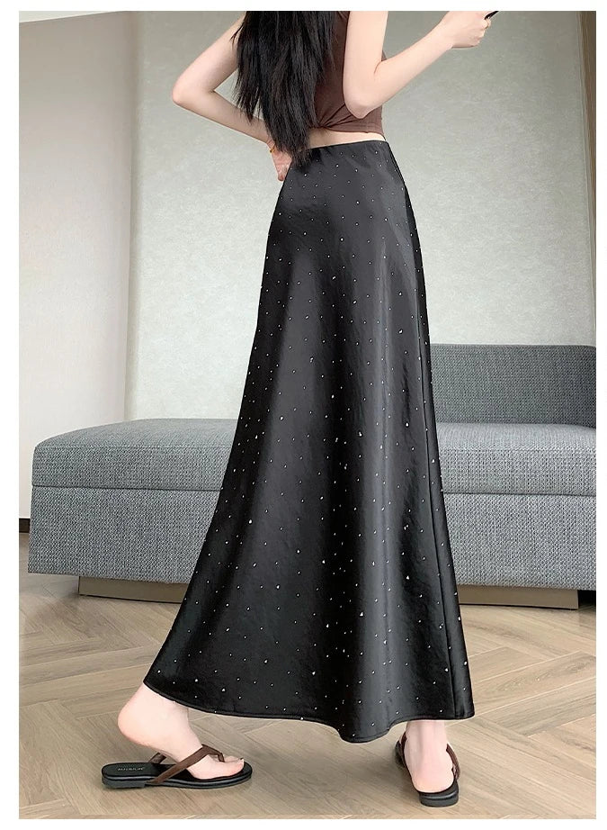 High Waist Elegant Bling Bling Satin Women's Mermaid Long Skirts 2026 New Summer Solid French Style Fishtail Wrap Skirt Female