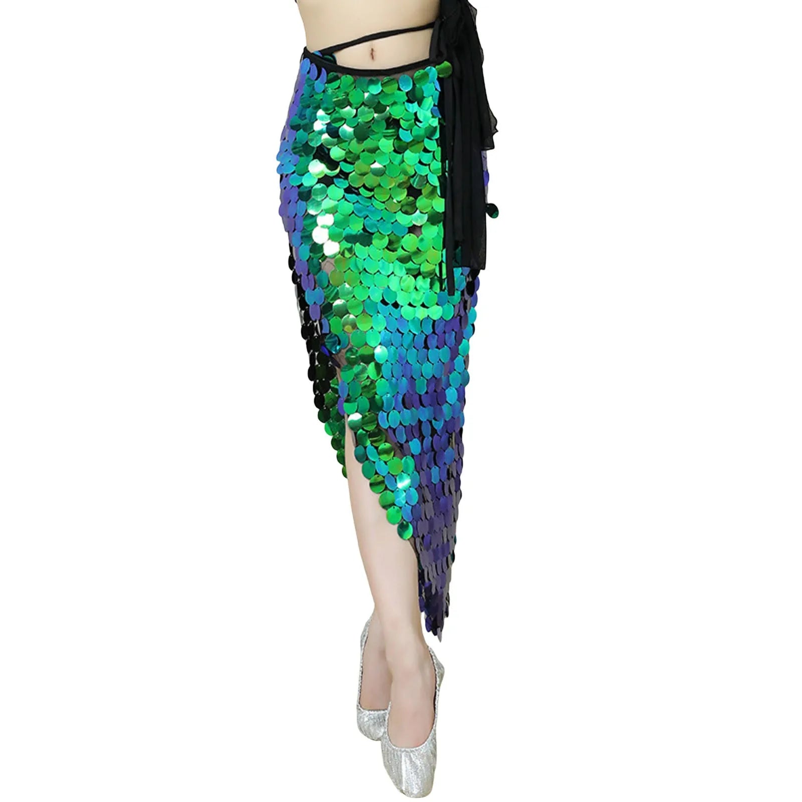 Womens Belly Dance Sequins Skirt Sexy Elegant Lace-Up Mermaid Hip Wrap Sparkly Skirt Carnival Party Stage Performance Costumes