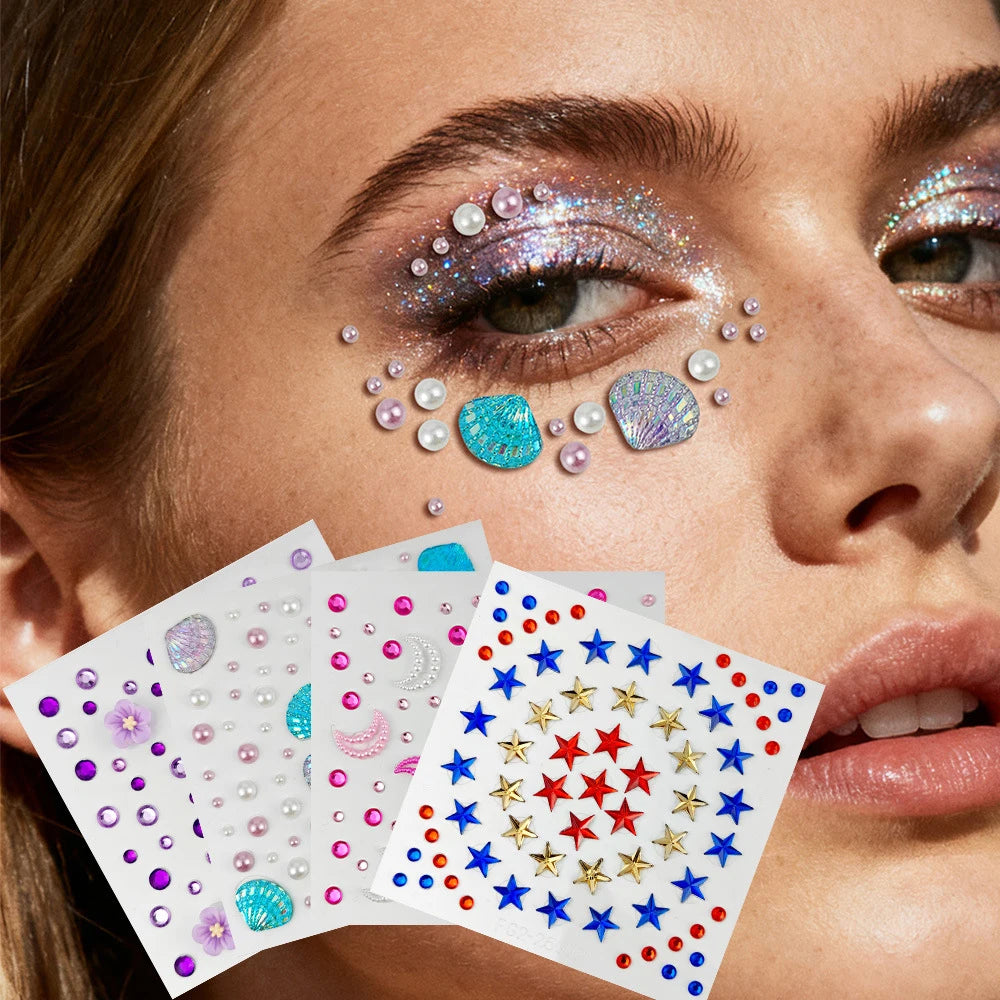 1pcs Seashell Rhinestones Mermaid Face Gems Moon/Star Pearl Beads Self-Adhesive Face Stickers Party Carnival Makeup Accessories