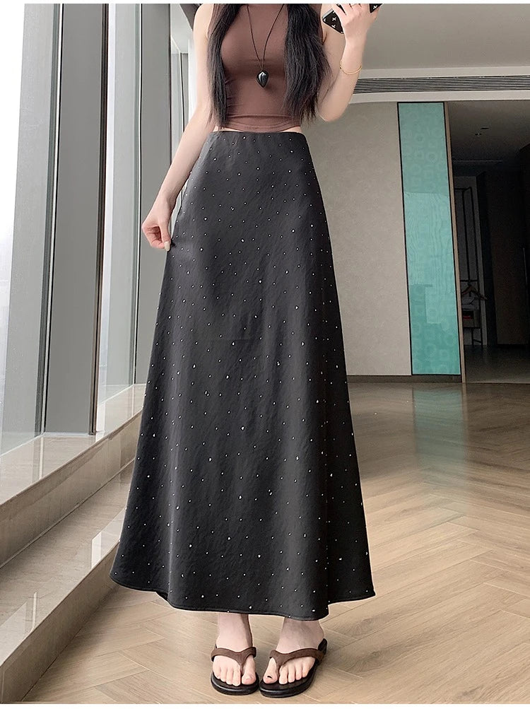 High Waist Elegant Bling Bling Satin Women's Mermaid Long Skirts 2026 New Summer Solid French Style Fishtail Wrap Skirt Female
