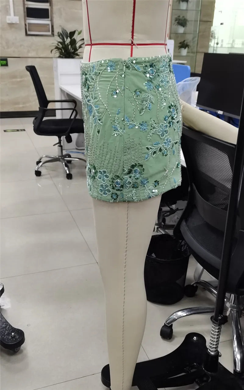 hirigin Women Y2K Sequin Mini Skirt Low Waist Sparkle Beaded Short Skirt Glitter Shiny Bodycon Skirt Night Out Party