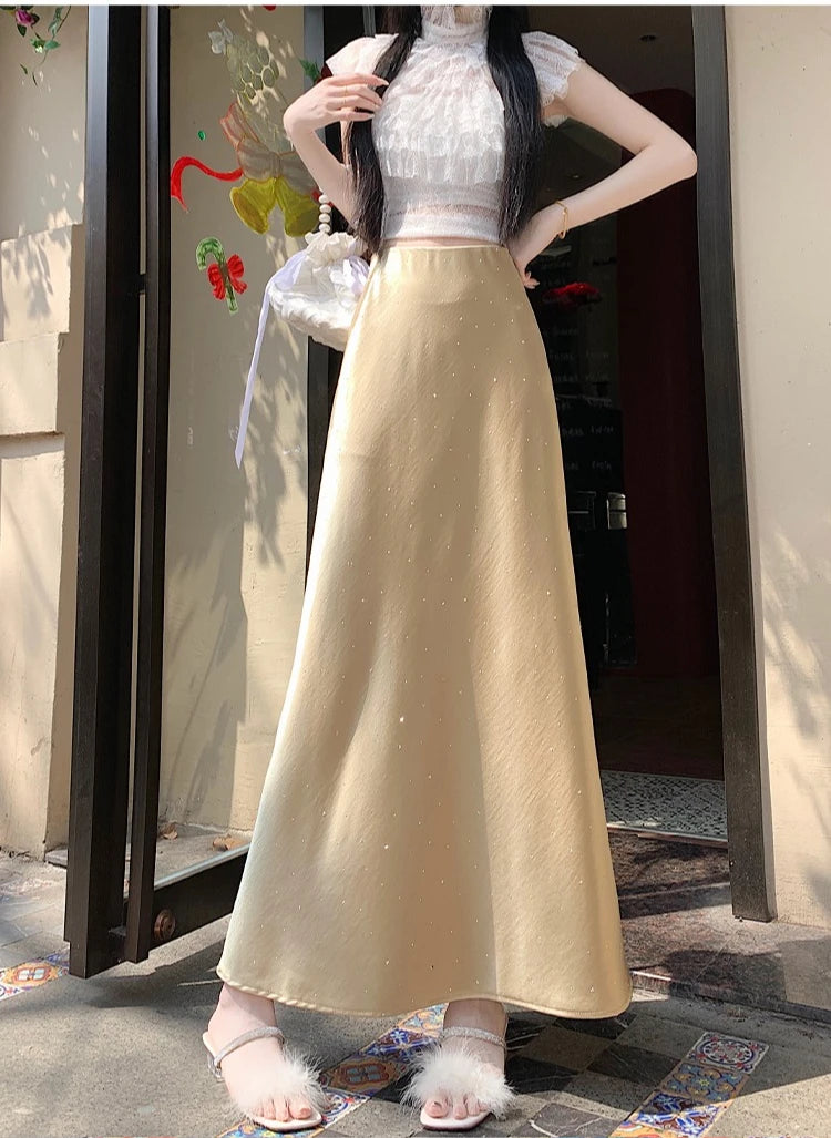 High Waist Elegant Bling Bling Satin Women's Mermaid Long Skirts 2026 New Summer Solid French Style Fishtail Wrap Skirt Female