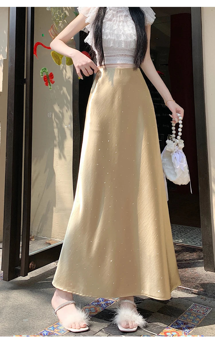 High Waist Elegant Bling Bling Satin Women's Mermaid Long Skirts 2026 New Summer Solid French Style Fishtail Wrap Skirt Female