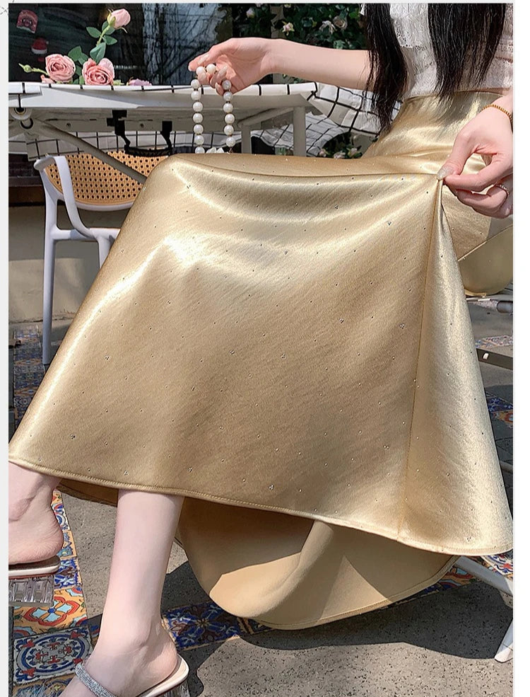 High Waist Elegant Bling Bling Satin Women's Mermaid Long Skirts 2026 New Summer Solid French Style Fishtail Wrap Skirt Female
