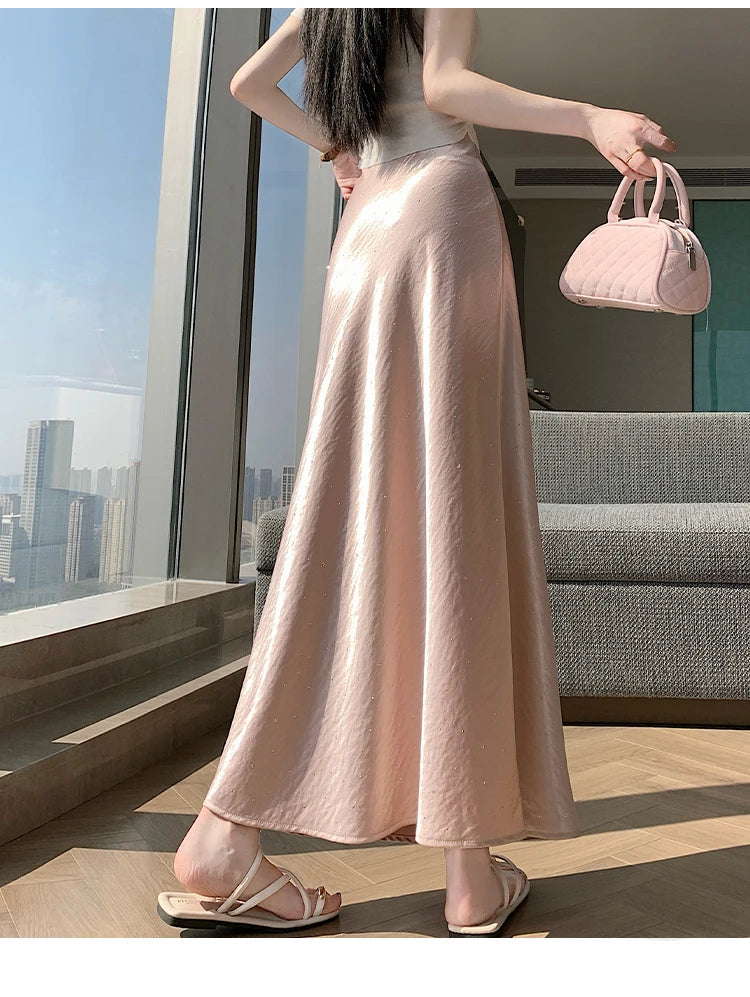 High Waist Elegant Bling Bling Satin Women's Mermaid Long Skirts 2026 New Summer Solid French Style Fishtail Wrap Skirt Female