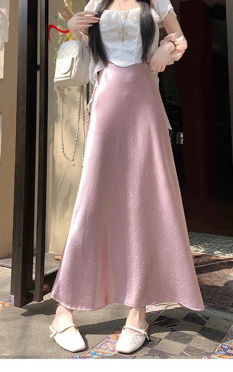 High Waist Elegant Bling Bling Satin Women's Mermaid Long Skirts 2026 New Summer Solid French Style Fishtail Wrap Skirt Female