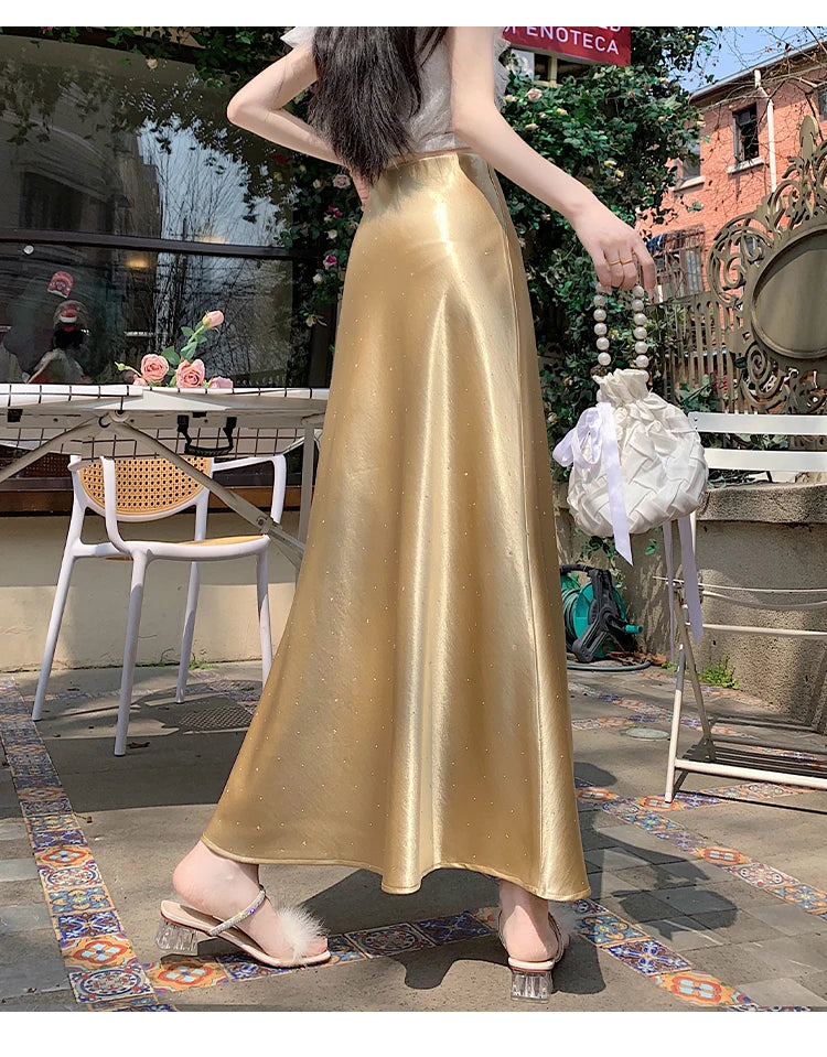 High Waist Elegant Bling Bling Satin Women's Mermaid Long Skirts 2026 New Summer Solid French Style Fishtail Wrap Skirt Female