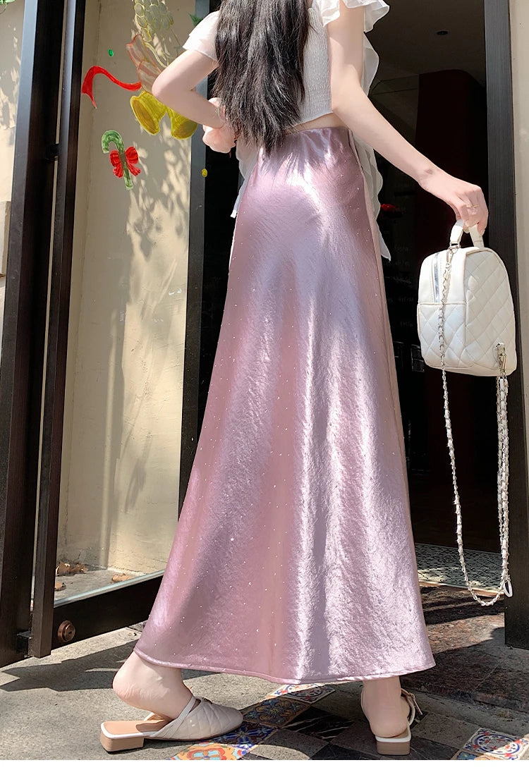 High Waist Elegant Bling Bling Satin Women's Mermaid Long Skirts 2026 New Summer Solid French Style Fishtail Wrap Skirt Female