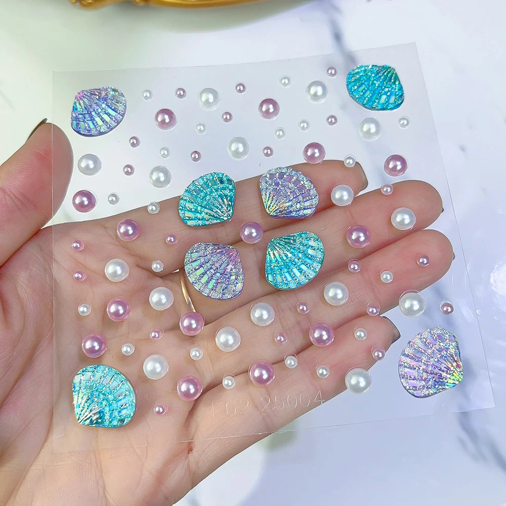 1pcs Seashell Rhinestones Mermaid Face Gems Moon/Star Pearl Beads Self-Adhesive Face Stickers Party Carnival Makeup Accessories