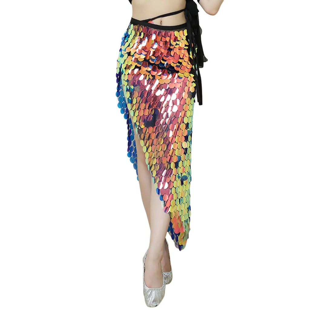 Womens Belly Dance Sequins Skirt Sexy Elegant Lace-Up Mermaid Hip Wrap Sparkly Skirt Carnival Party Stage Performance Costumes