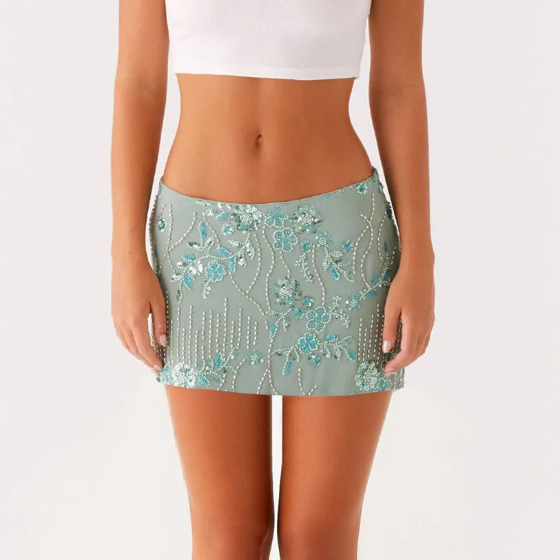 hirigin Women Y2K Sequin Mini Skirt Low Waist Sparkle Beaded Short Skirt Glitter Shiny Bodycon Skirt Night Out Party